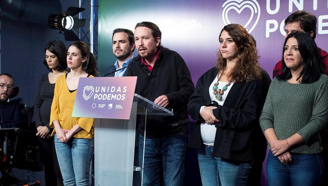 Pablo Iglesias y otros representantes de Unidas Podemos tras los resultados electorales.