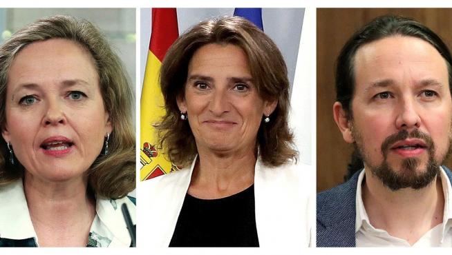 Carmen Calvo, Nadia Calviño, Teresa Ribera y Pablo Iglesias