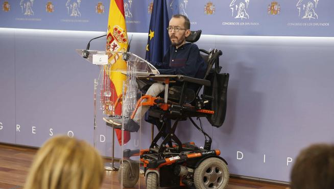 Pablo Echenique, este miércoles, en su primera rueda de prensa como portavoz de Unidas Podemos en el Congreso.