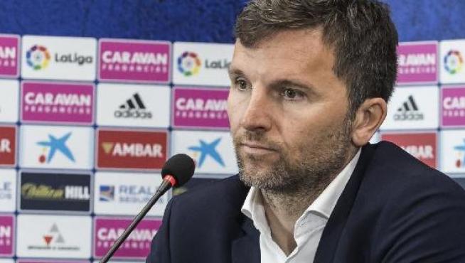 Lalo Arantegui, en la rueda de prensa posterior a su renovación como director deportivo del Real Zaragoza.