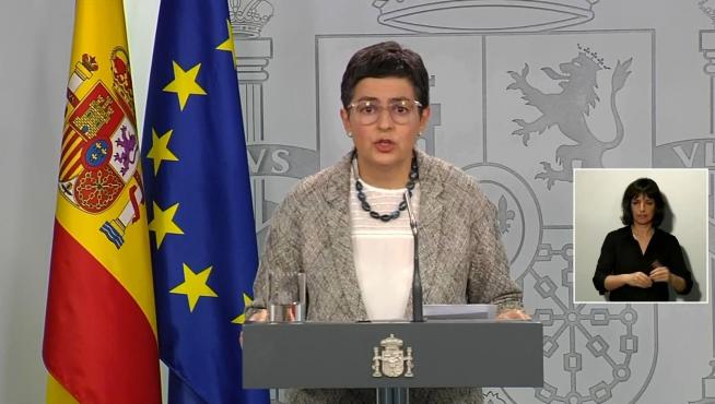 La ministra de Asuntos Exteriores, Arancha González Laya, durante una rueda de prensa telemática en Moncloa