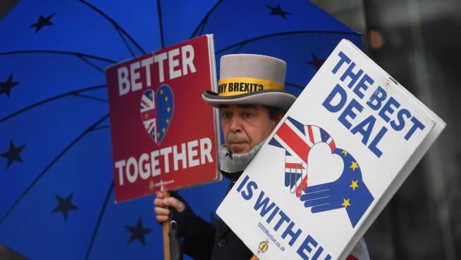 Un partidario de que el Reino Unido siga en la UE, con dos pancartas alusivas.