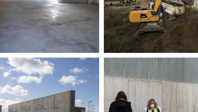 Arriba, antigua fábrica de Giesa y las obras de la prolongación de Tenor Fleta. Abajo, el Corredor Verde y la Escuela Infantil Parque Venecia