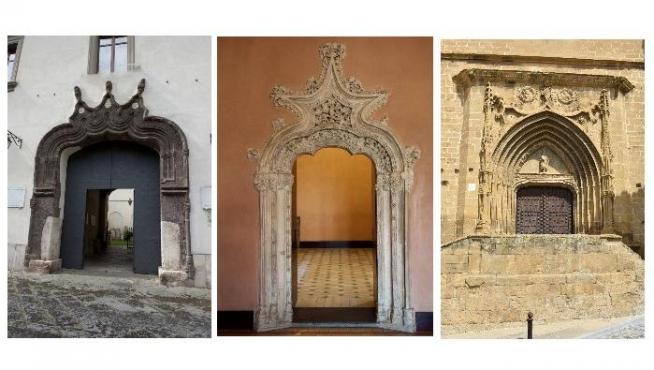 De izquierda a derecha, acceso al palacio Antignano de Capua, acceso a las salas superiores del palacio de Pedro IV en la Aljafería de Zaragoza y portada de la iglesia de la Asunción de Sádaba (Zaragoza).