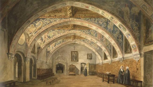 La primera imagen que se conserva de la sala capitular del Monasterio de Sijena es una acuarela realizada en 1840 por Valentín Carderera, académico, erudito y pintor oscense, que dio a conocer las pinturas