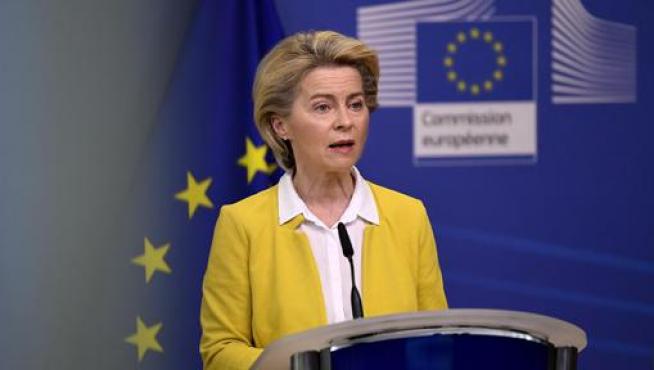 La presidenta de la Comisión Europea, Ursula Von der Leyen, este miércoles durante su intervención.