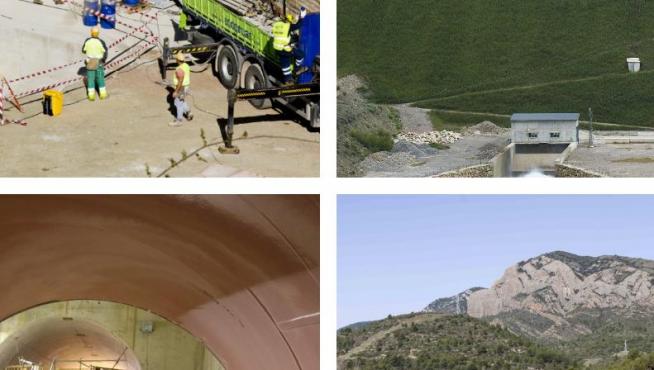 Arriba, las obras del túnel de Mularroya y una imagen del embalse de Yesa. Abajo, los trabajos en una de las presas de Almudévar y el río Gállego, donde finalmente no se construirá Biscarrués.