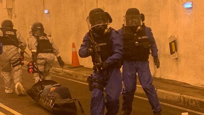 Simulacro de ataque terrorista realizado en el túnel de Bielsa por cuerpos de seguridad y emergencias de España y Francia.