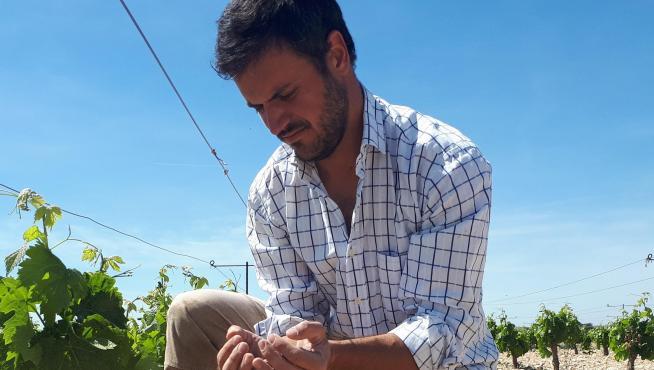 Fernando Mir coge entre sus manos un puñado de la árida tierra próxima a la sierra de Lanaja, de donde salen sus vinos concentrados, marcados por la falta de agua.