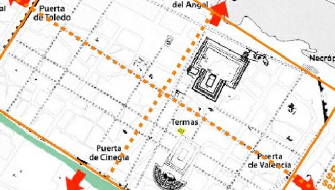 Plano de la Zaragoza romana con indicaciones sobre su orientación.