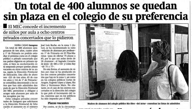 Recorte con la noticia de la falta de plazas en 1997.