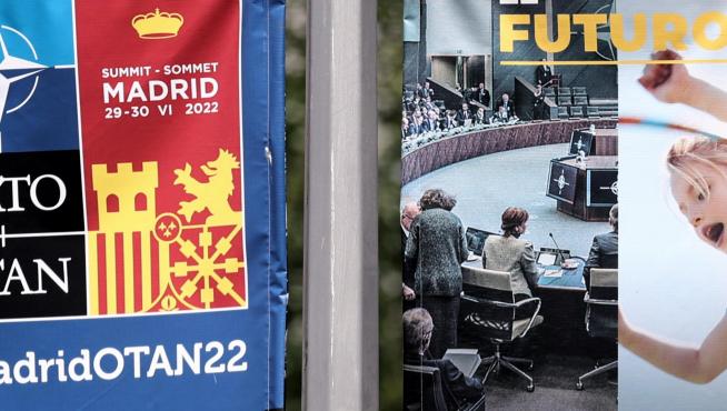 Dos carteles anuncian la celebración de la Cumbre de la OTAN, en la Feria de Madrid, IFEMA