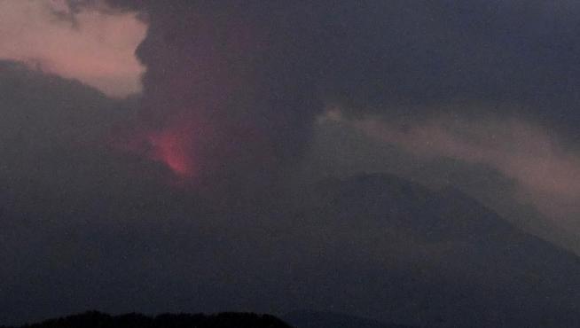 A remote camera image show shows an eruption of Sakurajima in Tarumizu, Kumamoto prefecture, Japan