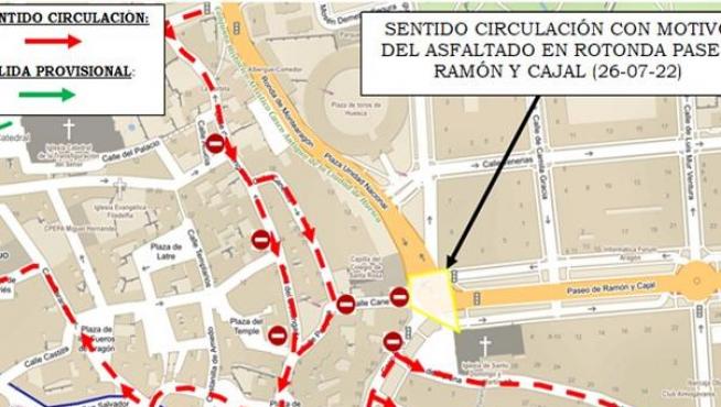 Cambios de circulación por el asfaltado de la nueva rotonda de Ramón y Cajal en Huesca.