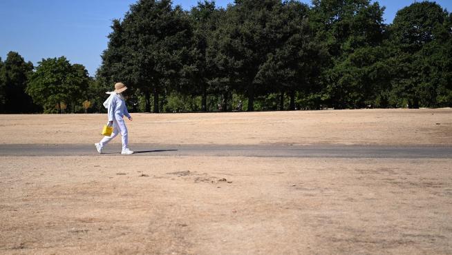 Una mujer camina por un Hyde Park inusualmente reseco en Londres, Reino Unido, el 10 de agosto.