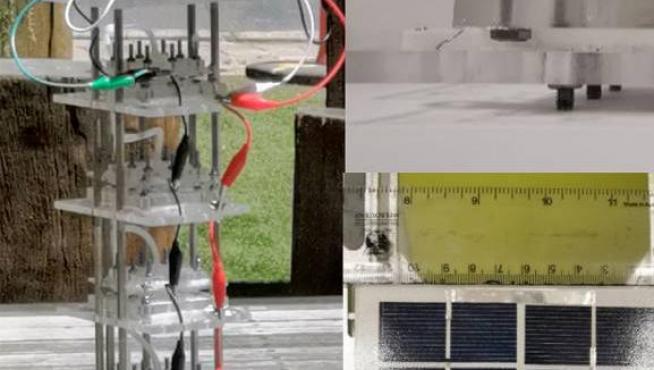 Los investigadores de la Universidad de Melbourne han desarrollado un prototipo con cinco electrolizadores de aire directo (DAE, detallados en la imagen) que permiten obtener hidrógeno y oxígeno del agua del aire.