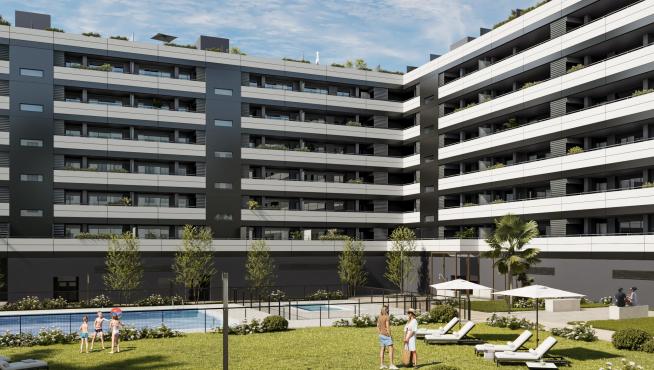Zona común y vista exterior de la promoción Sinfonía del Canal.