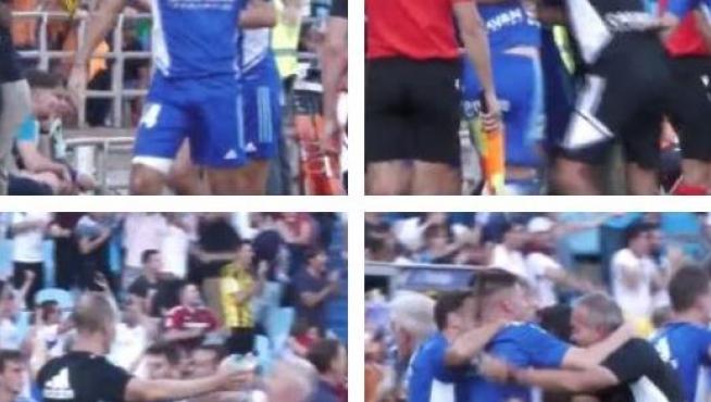 Capturas del vídeo de la celebración del gol de Zapater en las que Francho (número 14) muestra su evidente cojera y el vendaje en el muslo derecho.