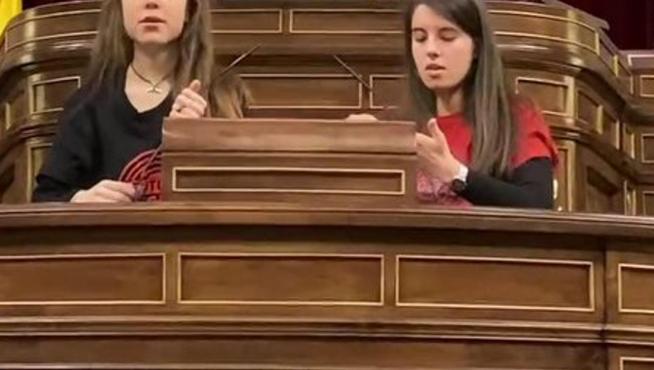 Activistas del movimiento Futuro Vegetal intentan pegarse a los micrófonos del Congreso de los Diputados.