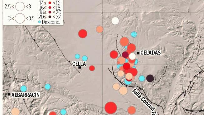 El mapa recoge los terremotos registrados en la zona de Celadas desde el año 2000 a la actualidad.