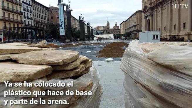 Comienza el montaje del belén en la plaza del Pilar de Zaragoza