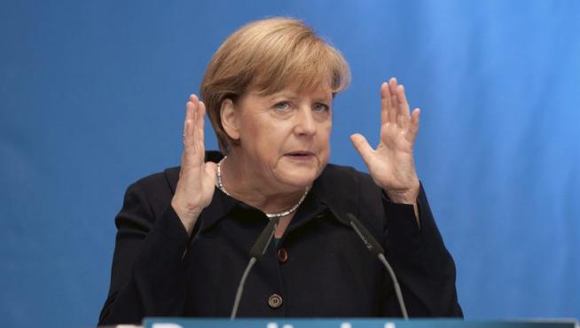 La canciller alemana Angela Merkel durante un acto electoral en Berlín