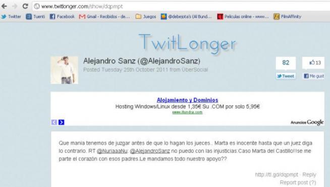 El 'tweet' de Alejandro Sanz sobre Marta del Castillo