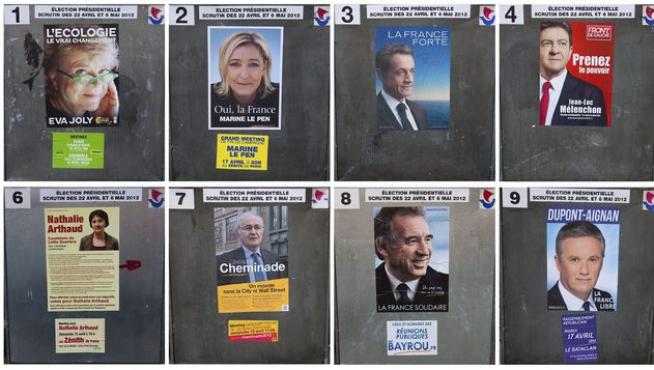 Combo de fotografías que muestra los carteles electorales de los candidatos a la presidencia de Francia.