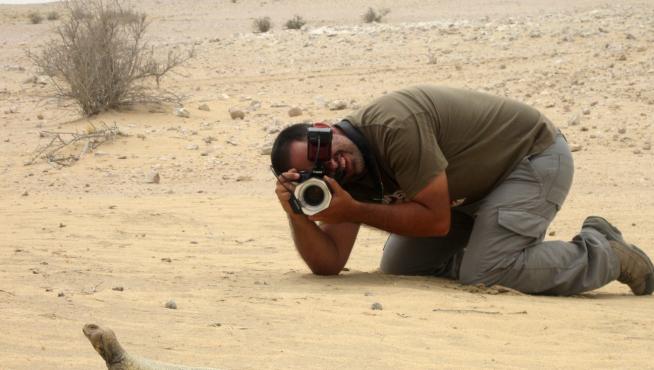 Aitor Valdeón, fotografiando un lagarto de cola espinosa