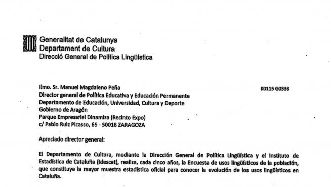 La carta que fue enviada por la Generalitat a la DGA.