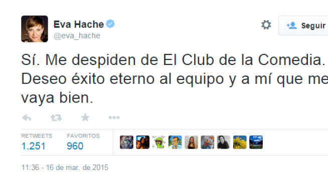 Eva Hache confirma su salida de 'El Club de la Comedia' en Twitter