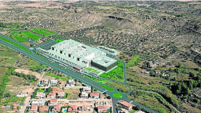 Recreación virtual del futuro hospital de Alcañiz, que se levantará en el paraje Cantagallos.