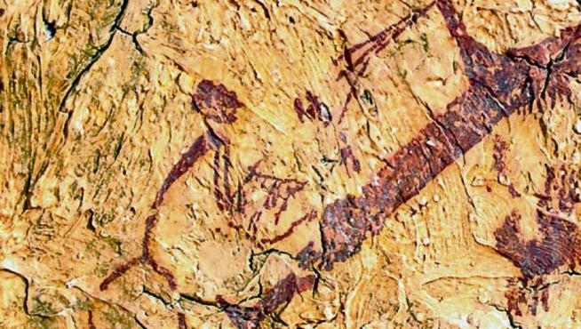 3 Foto 1. Imagen de lo que podría ser un hombre tocando la lira en una pintura rupestre de El Cerrao (Obón, Teruel).