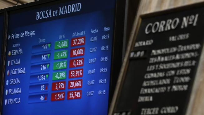 Panel informativo de la Bolsa de Madrid que muestra los valores de la prima de riesgo en los principales países de la zona euro.