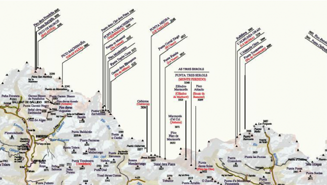 Este mapa muestra una parte de los aproximadamente 200 tresmiles de Aragón. Lo editaron Prames y la FAM añadiendo los nombres autóctonos de algunos de ellos.
