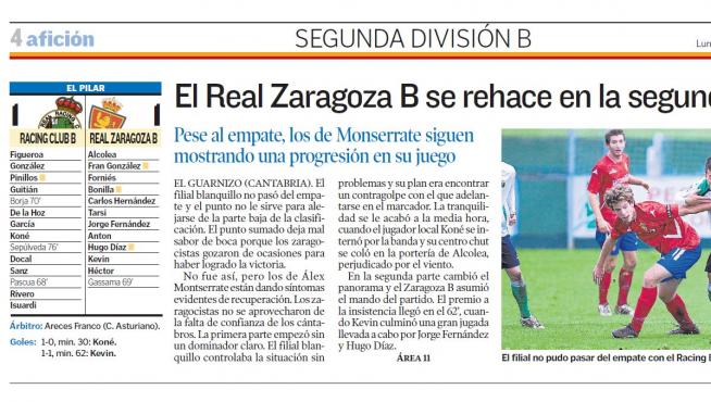 Ficha y crónica del partido Racing B 1- Real Zaragoza B 1 (27-10-2012).
