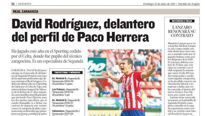 Información sobre el pretendido fichaje de David Rodríguez por el Real Zaragoza publicada el 23 de junio de 2013.