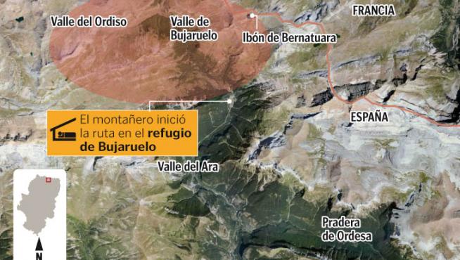 Este gráfico muestra la zona en la que pudo desaparecer el montañero de Huesca.