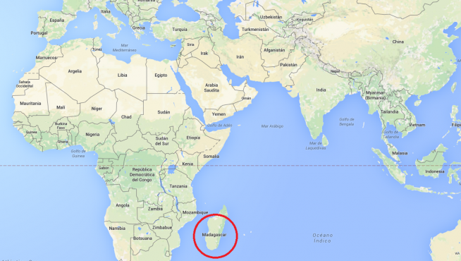 Mapa en el que se puede apreciar la distancia entre Madagascar (África) y Asia.