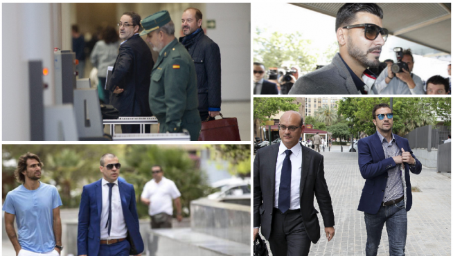 Agapito Iglesias, Braulio, Ponzio y Gabi, cuatro de los 42 imputados llamados a declarar en su día en el caso Levante-Real Zaragoza en los Juzgados de Valencia.