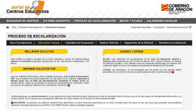 Página web del Gobierno de Aragón dedicada al proceso de escolarización.