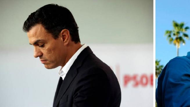 Pedro Sánchez een el momento de su dimisión en octubre y en un acto de campaña de las primarias.