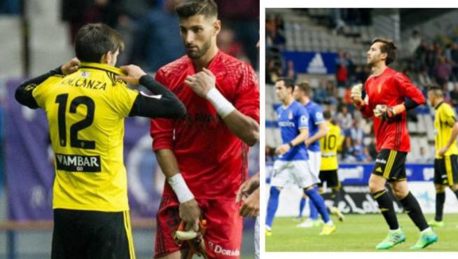 A la izquierda, Lanzarote se quita su camiseta con el número 12 y Ratón la suya roja, una vez fue expulsado en Oviedo. A la derecha, Lanzarote, ya vestido de portero, guantes incluidos, se dirige a la portería del Real Zaragoza para defenderla.