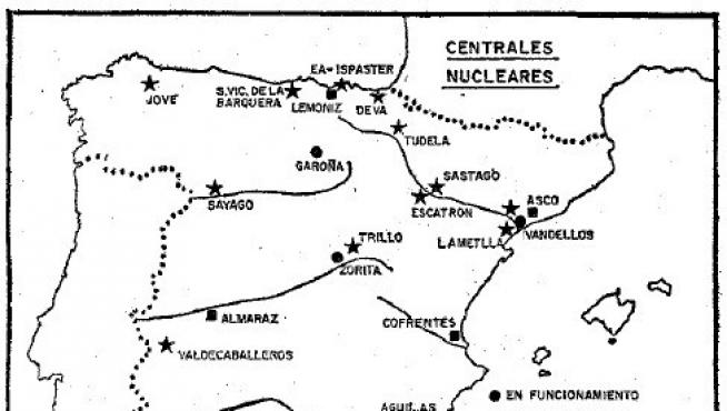 Mapa de centrales nucleares en funcionamiento, en construcción y en proyecto publicado en 1974