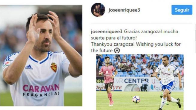 El mensaje en Twitter de José Enrique, junto a la fotografía que él cuelga en su red social (aplaudiendo). Abajo a la dcha., una jugada del defensor valenciano en el último partido de la liga, ante el Tenerife en La Romareda.