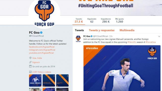 Confirmación en Twitter del FC Goa del fichaje de Lanzarote por el club indio.