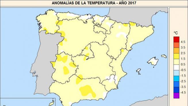 Imagen de Aemet con las zonas donde más subió la temperatura media en 2017