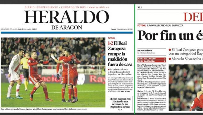 Priméra página y crónica de HERALDO DE ARAGÓN del Rayo Vallecano-Real Zaragoza de la temporada pasada en Madrid, que ganaron los aragoneses por 1-2.