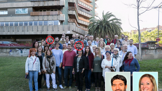 La ya exsecretaria de Organización de Podemos-Aragón, María José Calderón, y el exlíder en Zaragoza, Guillermo Lázaro, con el resto de la candidatura de Nacho Escartín a la dirección del partido, hace 8 meses.
