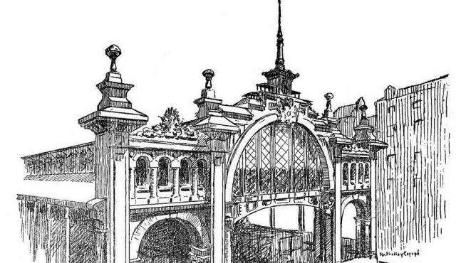 Dibujo de Galiay de la fachada principal del nuevo Mercado de Zaragoza publicada por HERALDO en 1903